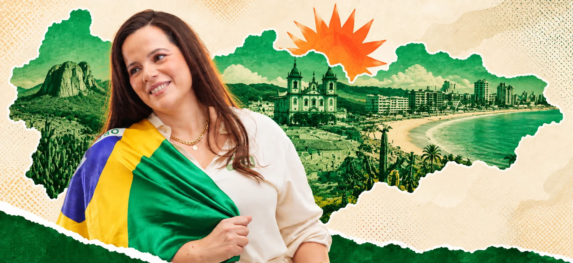 Marília Dantas com a bandeira do Brasil diante de paisagens da Paraíba.